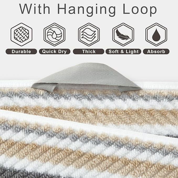 Cotton Towels Set of 6, 6PC Striped Towels - 100% Cotton & Quick Dry - 2 Soft Bath 28"x52", 2 Absorbent Hand 16"x27", 2 Lightweight Washcloth 13"x13", Tan Body Towel with Hanging loop, Gray + Beige