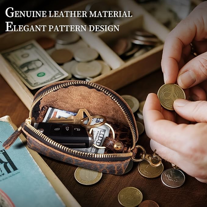 Gexmil Genuine Leather Coin Purse with Zipper, Full Grain Leather, Mini Coin Pouch for Women Men, Change Wallet,Giant Pebble Brown