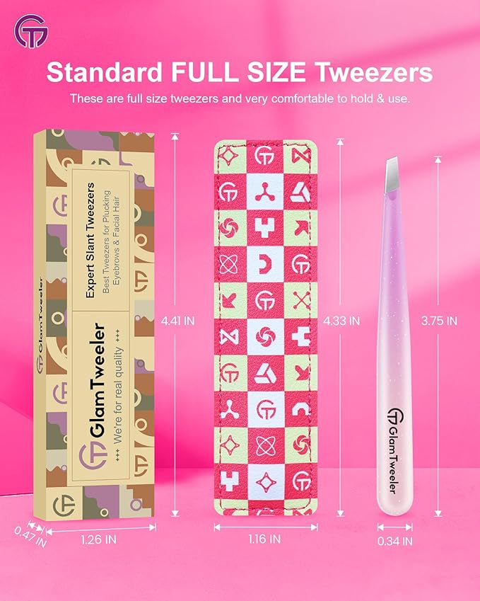 Expert Slant Tip Tweezers with Leather Travel Case, GlamTweeler Sharp & Precision Stainless Steel Tweezer for Eyebrows, Facial Hair and Fine Hairs Removal (Sparkle Violet & Peach)