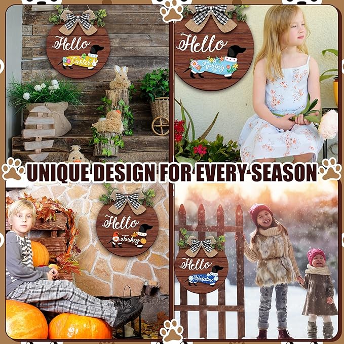 Glenmal 16 Pcs Seasonal Dachshund Door Decor for All Season and Holiday Hanging Cute Christmas Dachshund Welcome Sign Rustic Wooden Farmhouse Front Door Signs Outdoor(Dark Wood Grain)