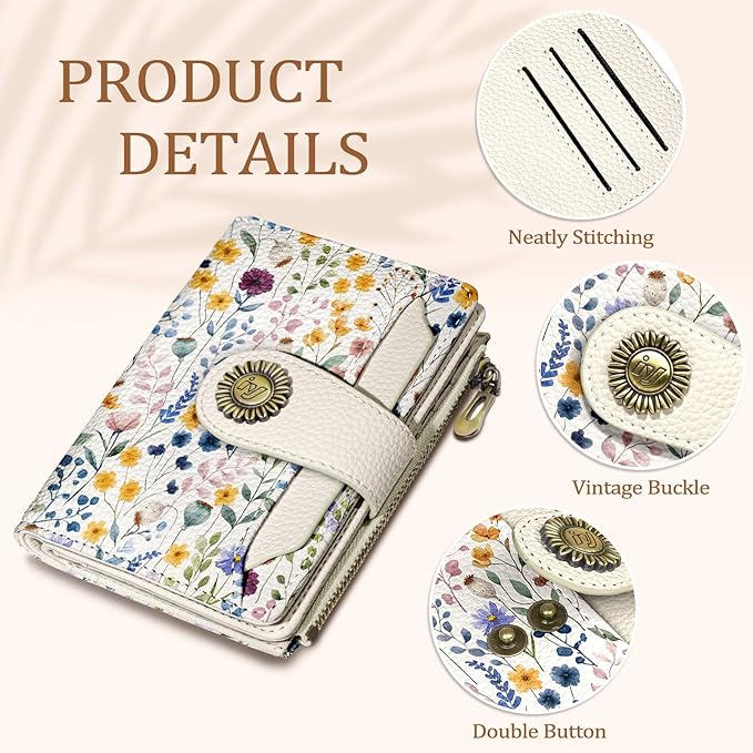 Floral Flowers Small Wallet Women RFID Blocking Bifold, Credit Card Holder, Zipper Coin Pocket, PU Leather, Compact, Travel, 4 ID Window, 14 Card Slots, Cash Purse, Ladies Woman Female Girls