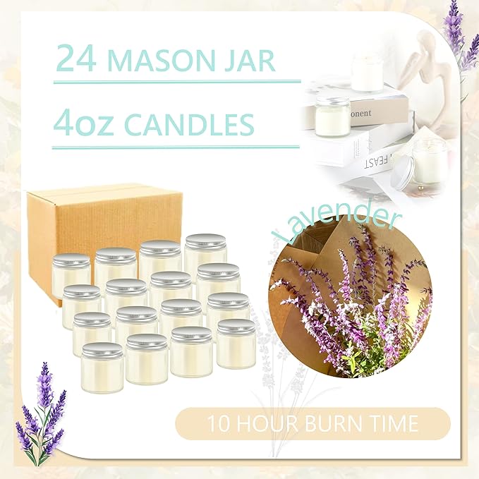 ACITHGL 24 Pcs 4oz Mini Mason Jar Candles Small Lavender Scented Candles Bulk Aromatherapy Ideal Souvenir Favors for Wedding Birthday Party (Silver, 24)