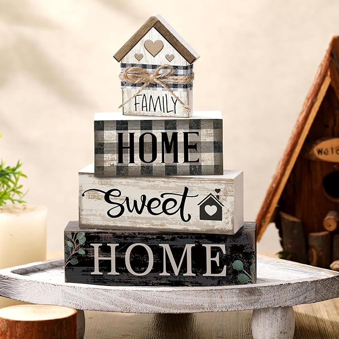 4 Pcs Farmhouse Wooden Tabletop Decor Sweet Home Tiered Tray Decor Rustic Retro Wood House Shaped Block Sign Housewarming Gifts Neutral Centerpiece Farmhouse Table Sign for Home Shelf Mantle