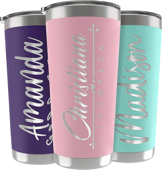 Personalized Gifts For Women - 20 Oz. Custom Tumblers w/Lid, Light Pink - Insulated Travel Coffee Mugs - Optional Straw Set, Stainless Steel Double Wall Coffee Tumbler, Personalized Cups