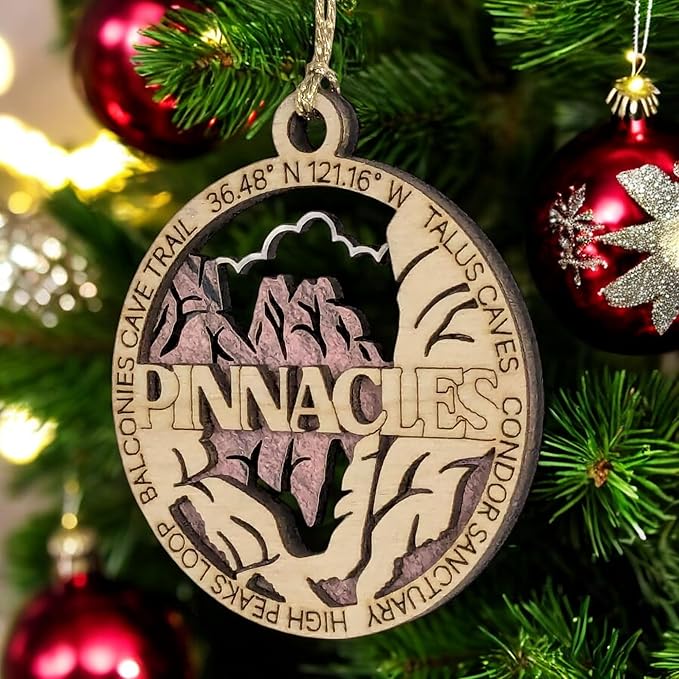 Pinnacles National Park Handcrafted Wood Ornament - 3" Round Laser Cut Christmas Decoration with Talus Caves Scene