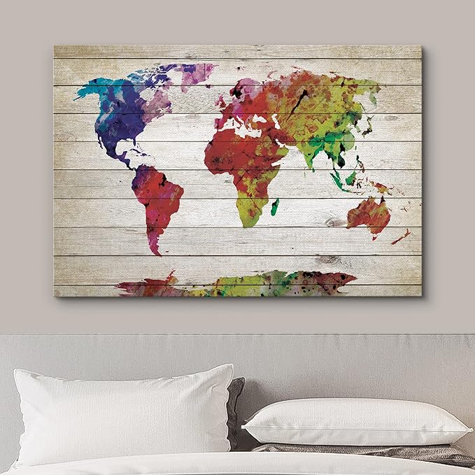 wall26 Canvas Print Wall Art Watercolor Style Rainbow Wood Panel World Map Architecture & Maps Cultural Illustrations Modern Art Traditional Multicolor for Living Room, Bedroom, Office - 32"x48"