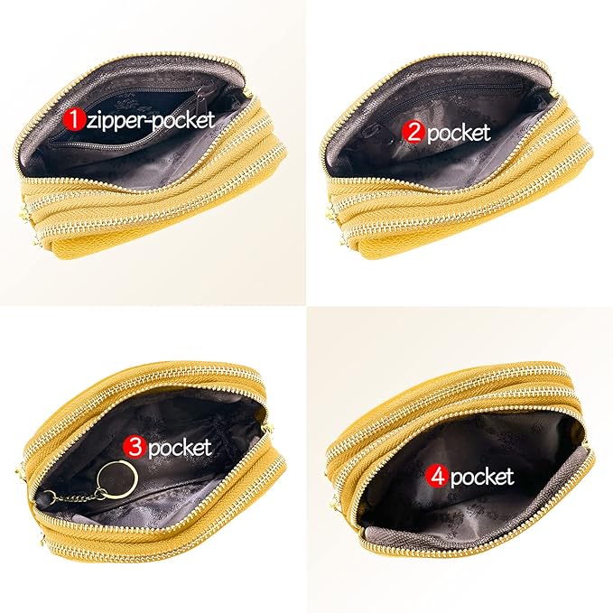 LINNO 3 Zippered Genuine Leather Coin Purse Triple Capacity Change Pouch Little Travel Wallet With Key Ring for Women