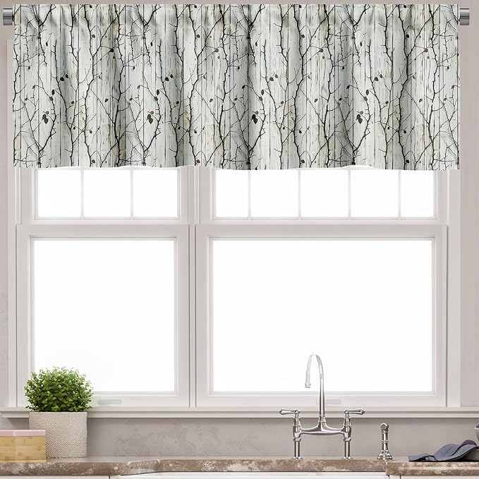 Ambesonne Botanical Valance & Tier Curtain 3 pcs Set, Autumn Vibe with Dried Leaves on Vertical Weathered Wood Planks Back, Window Treatments for Kitchen Room Decor, 55" x 45", Off White Dark Brown