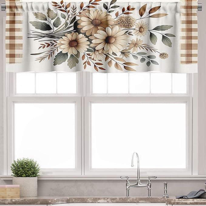 Ambesonne Farmhouse Valance & Tier Curtain 3 pcs Set, Bold Rooster Print and Flowers on Gingham with Rustic Country Style, Window Treatments for Kitchen Room Decor, 55" x 30", Tan Taupe and Dark Pink