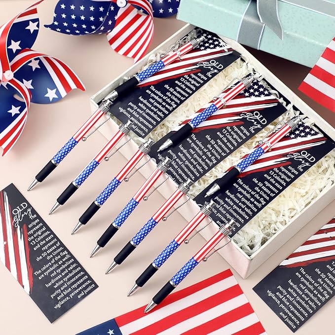 50 Sets American Flag Ballpoint Pens Bulk USA Patriotic Themed Black Ink Retractable Pen Stars Stripes Bookmarks Stationery Easter Party Gifts for Home Office Army Veterans Souvenirs