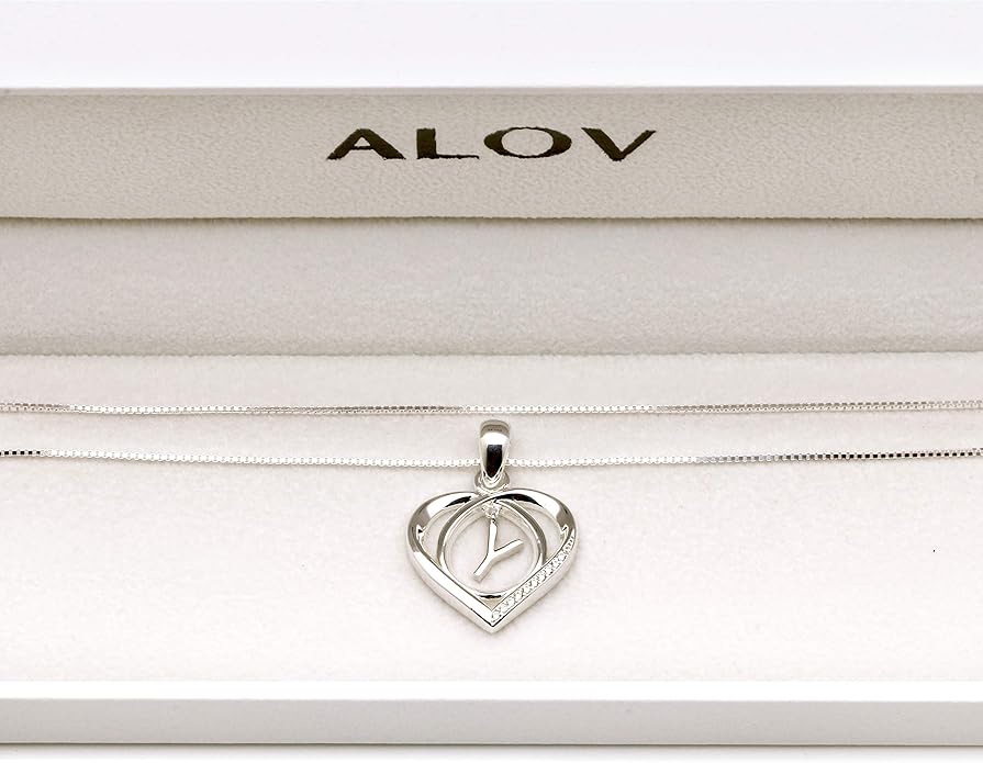 ALOV Jewelry Sterling Silver Initial Letter Alphabet Love Heart Cubic Zirconia Pendant Necklace