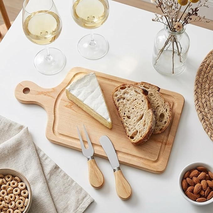 1 Set Bridal Baby Shower Cheese Prizes Wooden Square Board Gift Set Knives Forks Thank You Tags with Box for Guests for Valentines Bridal Baby Shower Housewarming (Maple Wood)