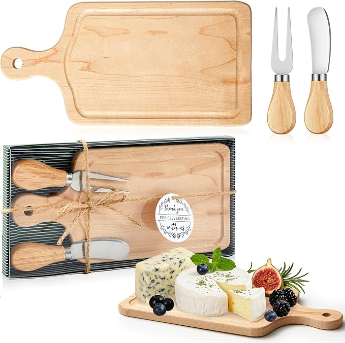 1 Set Bridal Baby Shower Cheese Prizes Wooden Square Board Gift Set Knives Forks Thank You Tags with Box for Guests for Valentines Bridal Baby Shower Housewarming (Maple Wood)