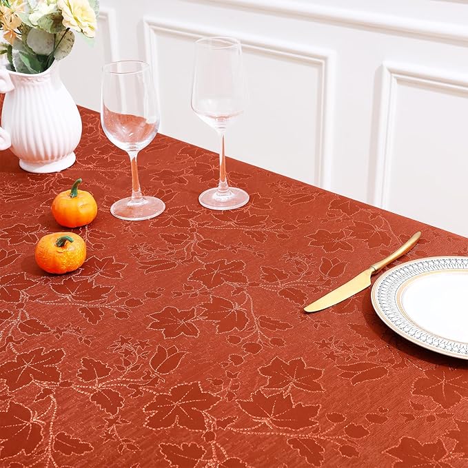 misaya Rectangle Thanksgiving Tablecloth, Waterproof Jacquard Fall Table Cloth, Damask Cloth Table Cover for Harvest Decor (52" x 70", Rust Maple Leaf)