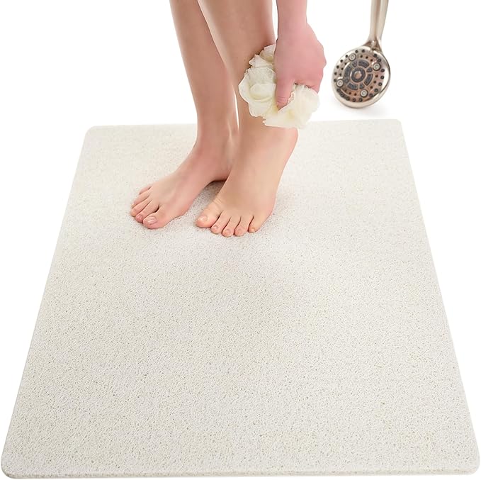 Enkosi Loofah Non-Slip Shower Mat - Shower Floors, Bathtub, Bathrooms, Wet Areas - Cushioned Bath Mat with Drain Holes - Quick Dry PVC, Secure Safety Pad Without Suction Cups (32x24 White)
