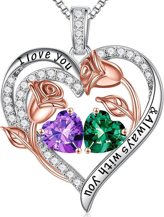 Iefil Valentines Day Gifts for Her - 925 Sterling Silver Rose Heart Birthstone Necklace Birthday Anniversary Jewelry Gifts for Her Wife Mom Daughter