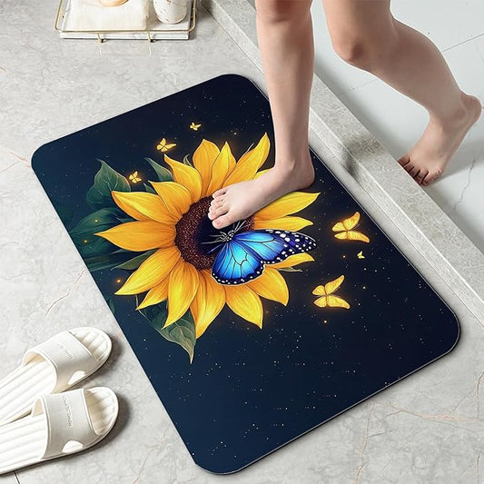 Sunflowers in The Night Sky Bath Mat 29.5"x17"Butterflies Slim Low-Profile Fast Drying Super Absorbent Bathroom Rug with Non-Slip Backing, Easy-Clean Modern Floor Mat for Tub, Shower, or Entryway