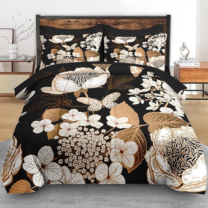 Comforter Set Queen Size, Hydrangea Butterfly Flower 7 Pcs Bedding for Kids and Adults, Black Gold Bed Sheet Sets with Fitted Sheet 2 Pillowcase & 2 Sham for Bedroom Bed Decor