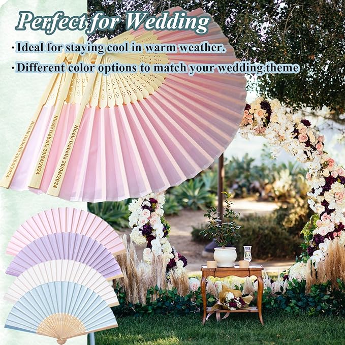 100 Pcs Personalized Pink Wedding Folding Fans for Guests, Custom Engraved Summer Wedding Fans, Folded Hand Fans for Wedding Favors, Vintage Silk Handheld Fans for Bridal Shower Decorations