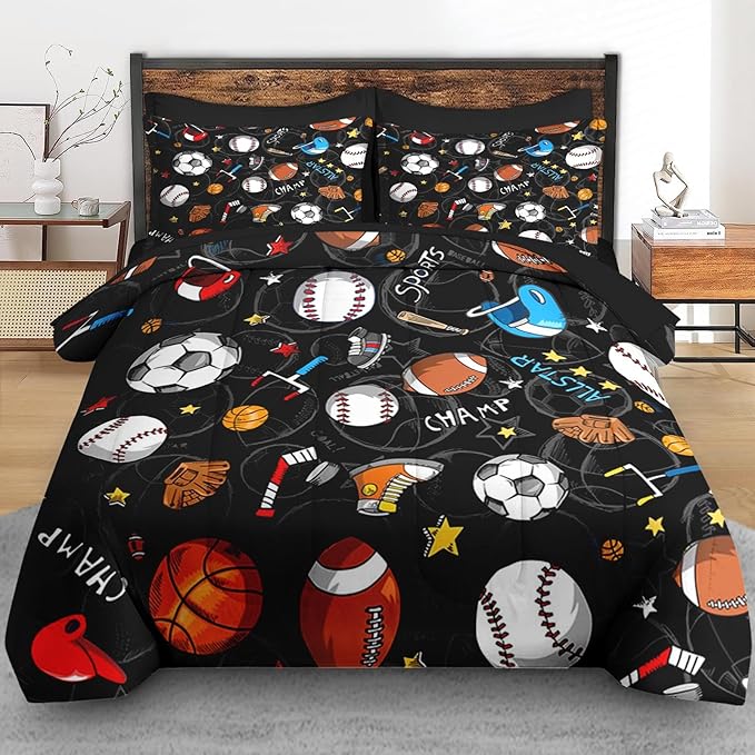 Comforter Set King Size, Basketball Football Baseball 7 Pcs Bedding for Kids and Adults, Hockey Sport Bed Sheet Sets with Fitted Sheet 2 Pillowcases & 2 Shams for Bedroom Bed Decor