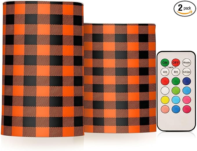 Halloween Black Orange Buffalo Plaid Check Flickering Flameless Candles Battery Operated with Remote Timer,Tea Light Candles LED Pillar Votive Candles Set of 2 for Outdoor Indoor Decorations
