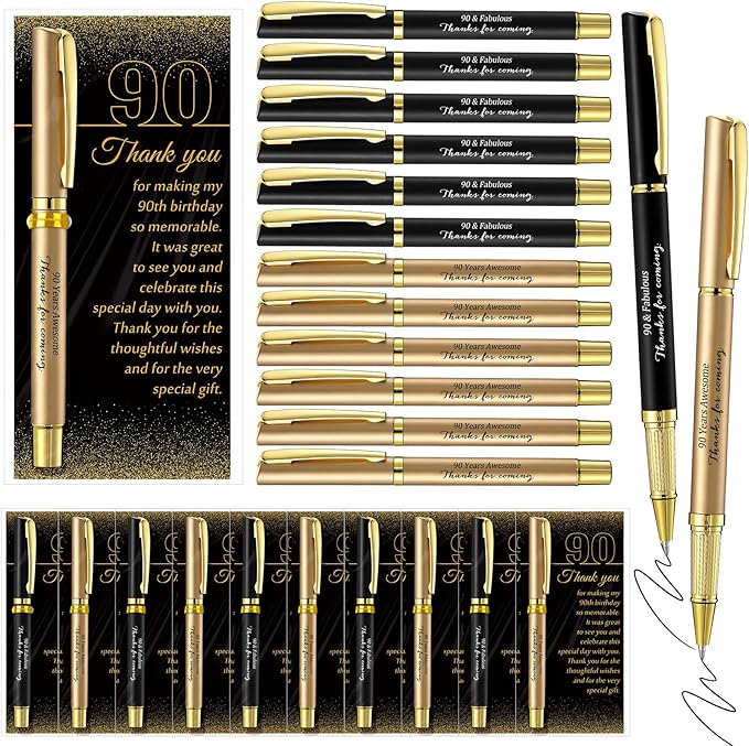 30 Set 90th Birthday Party Favor for Guest Anniversary Party Favor with Black and Gold Ballpoint Pens and Thank You Cards for Women Men Birthday Anniversary Appreciation Gifts
