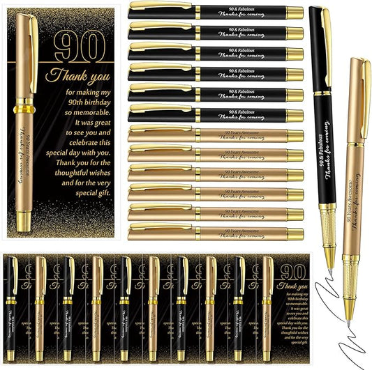 30 Set 90th Birthday Party Favor for Guest Anniversary Party Favor with Black and Gold Ballpoint Pens and Thank You Cards for Women Men Birthday Anniversary Appreciation Gifts