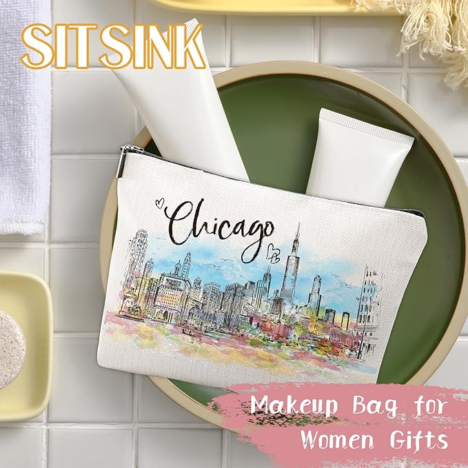 Chicago Souvenirs Travel Essentials - Watercolor Chicago City Gifts for Woman, American Souvenirs Gift Makeup Bag for Purse, Travel Essentials Makeup Bags, Homewarming Birthday Gifts