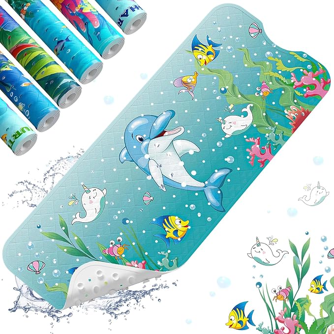 XIYUNTE Baby Bath Mat for Tub Non Slip Kids Bath Mat - 40''x16'' Extra Long Cartoon Bathtub Mat Non Slip Kids Shower Mat Eco-Friendly Toddler Bath Mats with Suction Cups, Machine Washable