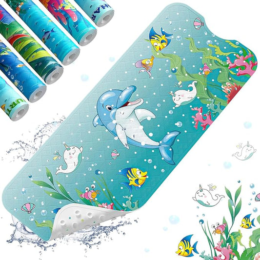 XIYUNTE Baby Bath Mat for Tub Non Slip Kids Bath Mat - 40''x16'' Extra Long Cartoon Bathtub Mat Non Slip Kids Shower Mat Eco-Friendly Toddler Bath Mats with Suction Cups, Machine Washable