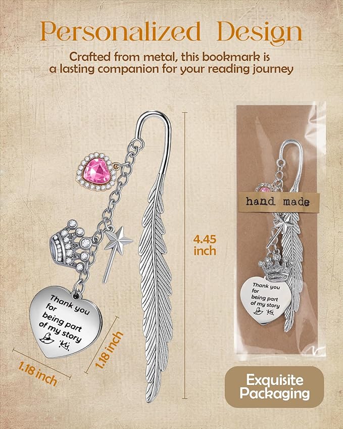 Buleens Bookmarks for Women Reading - Book Marks for Readers Book Lovers, Feather Faith Cross Butterfly Personalized Metal Bookmark with Pendants, Pretty and Aesthetic Book Accessories Reading Gifts