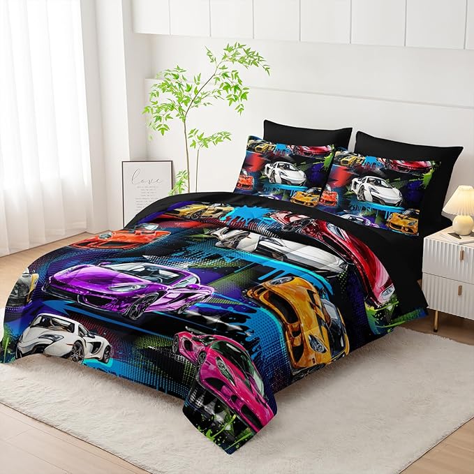 AILONEN 7-Piece Racing Car Comforter Sets Twin Size,Extreme Sports Bedding Set Bed in a Bag for Kids Boys Teens,Cool Speed Race Comforter & Fitted Sheet with Flat Sheet & 2 Pillowcases,2 Pillow Shams