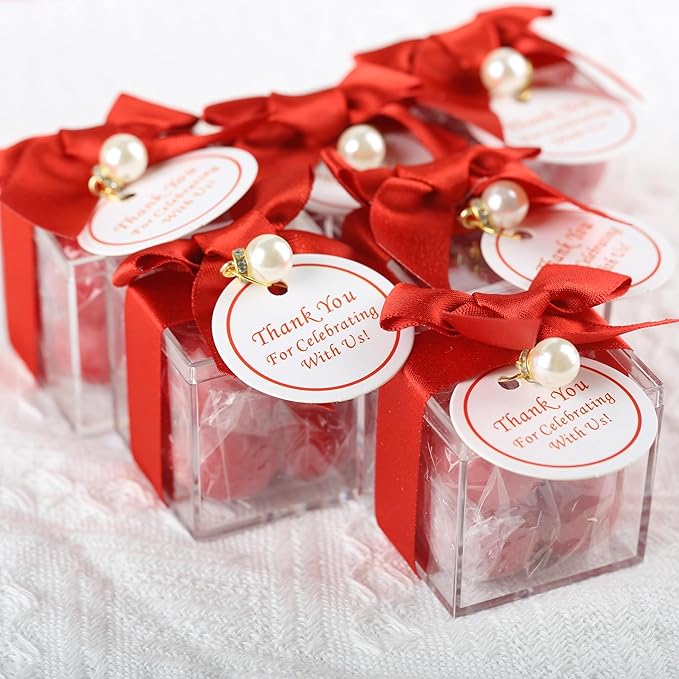 ACITHGL 30 Sets Small Bubble Candle Wedding Candles Favors for Guests Bulk Bridal Shower Favors Candles with Stylish Ribbons Thank You Cards Gifts (Shimmering Red)