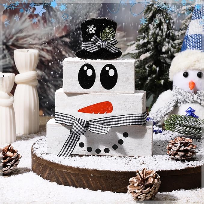 4 Pcs Winter Table Decoration Wooden Snowman Decor Black and White Winter Tiered Tray Decor Rustic Snowman Face Wood Block Sign Gift Christmas Centerpiece Farmhouse for Wonderland Home