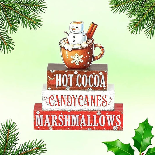 4 Pieces Christmas Hot Cocoa Wooden Table Decorations, Rustic Wooden Blocks and Cocoa Sign for Tiered Tray, Tabletop Centerpieces, Desk, Kitchen, Shelf Decor, Holiday Gift Idea