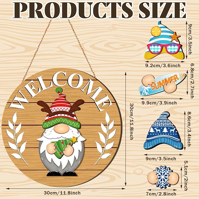 Qunclay Interchangeable Wooden Gnome Decor Holiday Seasonal Gnome Decorations with Magnet Pieces and Detachable Hats Changeable Welcome Sign for Home(Tawny)