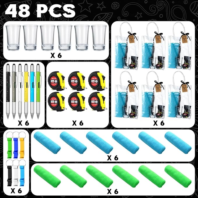 Leinuosen 6 Sets Baby Shower Game Prizes for Men with Cleaning Cloth Bottle Opener Screwdriver Tape Measuring Keychain Multi Tool Pen Gift Bag Funny Baby Shower Prizes for Winner
