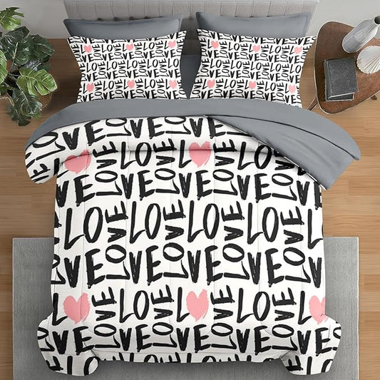 Comforter Set Full Size, Love Heart 7 Pcs Bedding for Kids and Adults, Black and Pink Bedding Sets with Fitted Sheet 2 Pillowcases & 2 Shams for Bedroom Bed Decor