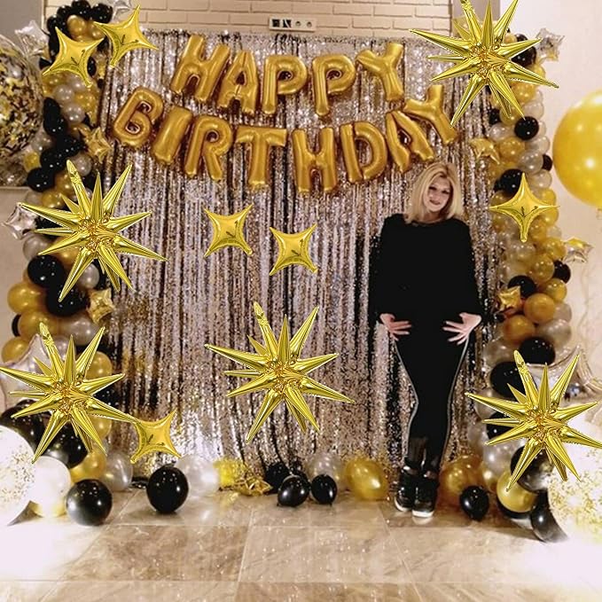 12PCS Gold Star Balloons, Gold Explosion Star Balloons Aluminum Foil Balloon Spike Balloon for Birthday Bachelorette New Year Graduation Party Decorations