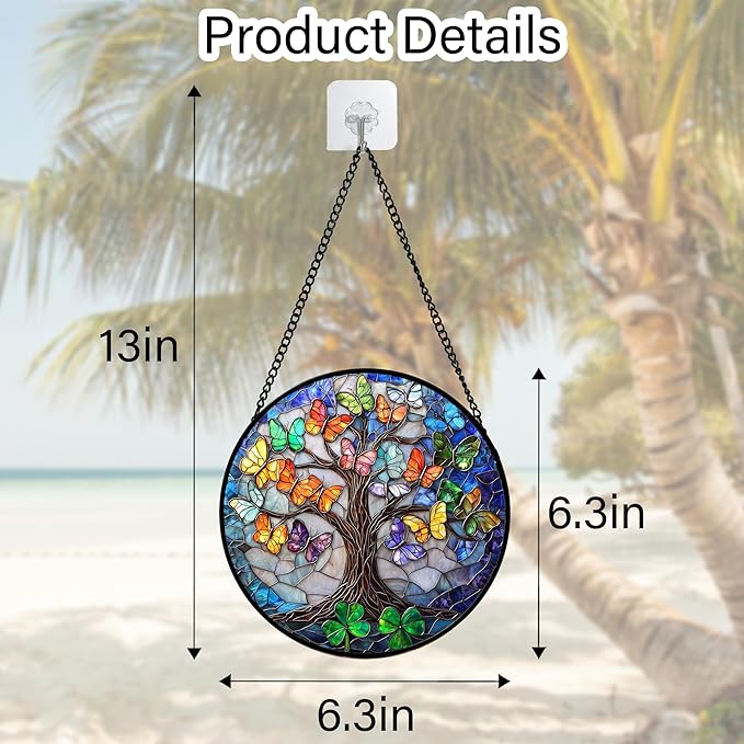 Stained Glass Window Hanging, Butterfly Tree Clover Sun Catchers Glass Panel Blue Suncatcher Decor for Birthday for Women, Men, Wife, Aunt, and Mom 6.3 in
