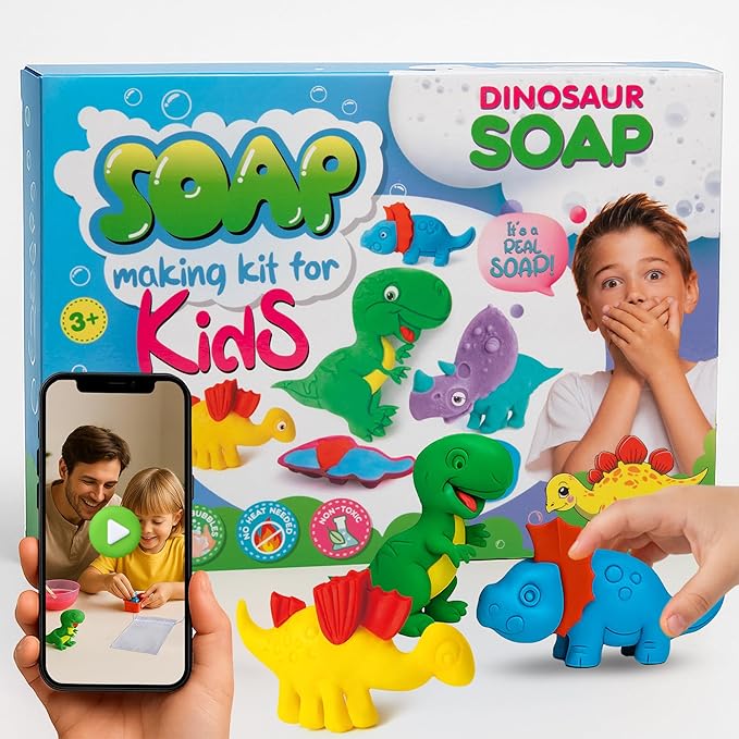 ZenseMe Soap Making Kit for Kids – DIY Soap Making Kit with Dinosaur Soap Moulds (3 Cute Dinosaurs) | Soap Making Supplies for Creative Play & Hygiene - DIY Kits for Kids with Mobile App