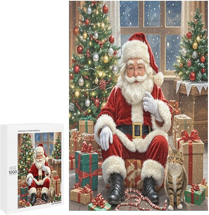 Puzzles for Adults 1000 Pieces Wooden Jigsaw Puzzle - Santa Claus and Kitten Christmas Series Theme Puzzle，Party Games，Family Toys，Educational Puzzles，Stress Relief Wooden Puzzle，Home Decoration