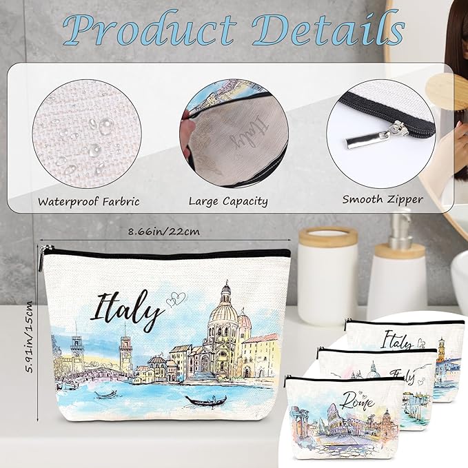 Italy Travel Essentials Gifts - 4Pcs Italy Themed Makeup Bag, Italy City Travel Watercolor Cosmetic Bags with Zipper, Italy Vacation Trip Gifts for Italy Lovers Travellers Women Girls