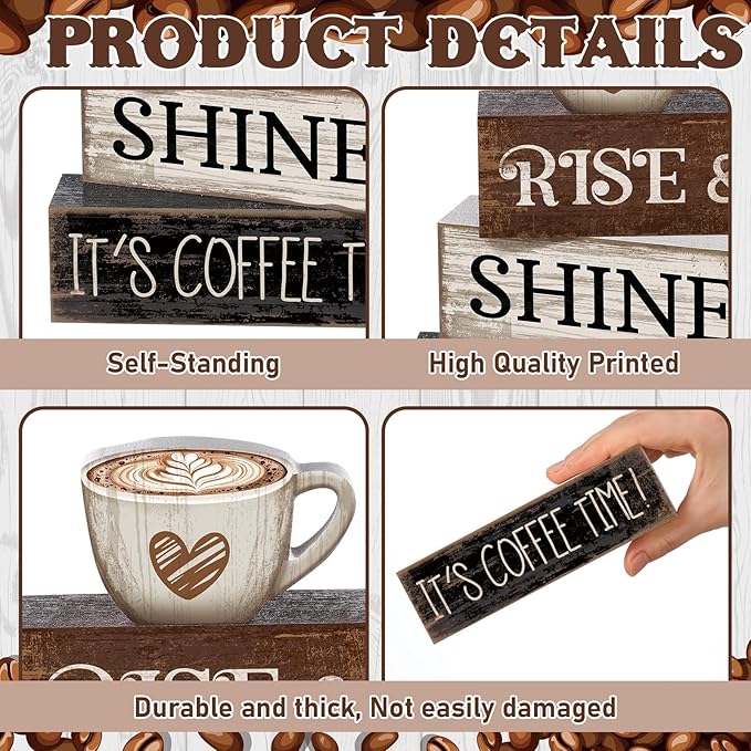 4 Pcs Farmhouse Coffee Bar Sign Decor Wooden Cup Rise & Shine It's Coffee Time Rustic Wood Cafe Sign Gift for Home Kitchen Tabletop Decor