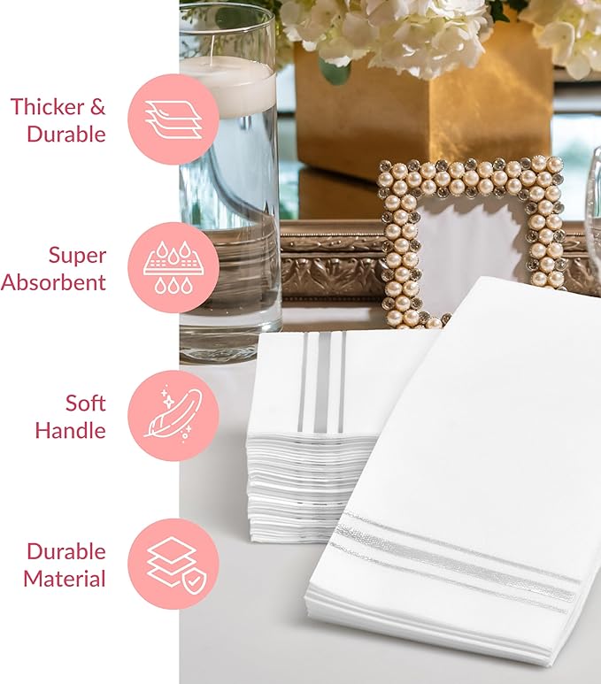 Prestee - Linen-Like Paper Hand Towels - Disposable Guest Towels for Bathroom - White with Silver Stripes - 7.8"x4" Folded - 50 Count - Soft and Absorbent Bathroom Napkins - Elegant Metallic Design