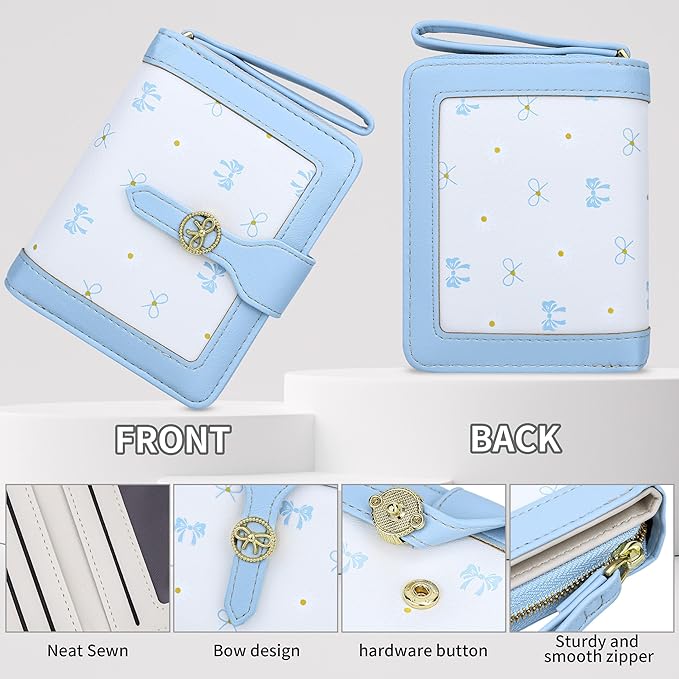 Womens Wallet Cute Small Wallets for Women Blue Coquette Bow Women's Wallet Kawaii Card Wallets for Women Ladies Bow Stuff