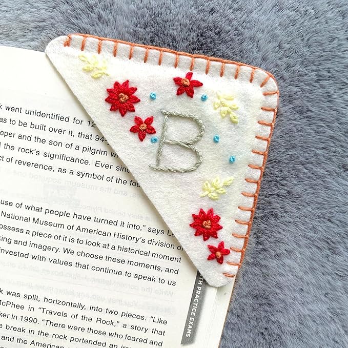 Personalized Hand Embroidered Corner Bookmark, Cute Flower Book Mark, Hand Stitch Gift for Women Book Lovers by HNQCPCVU (B, White)
