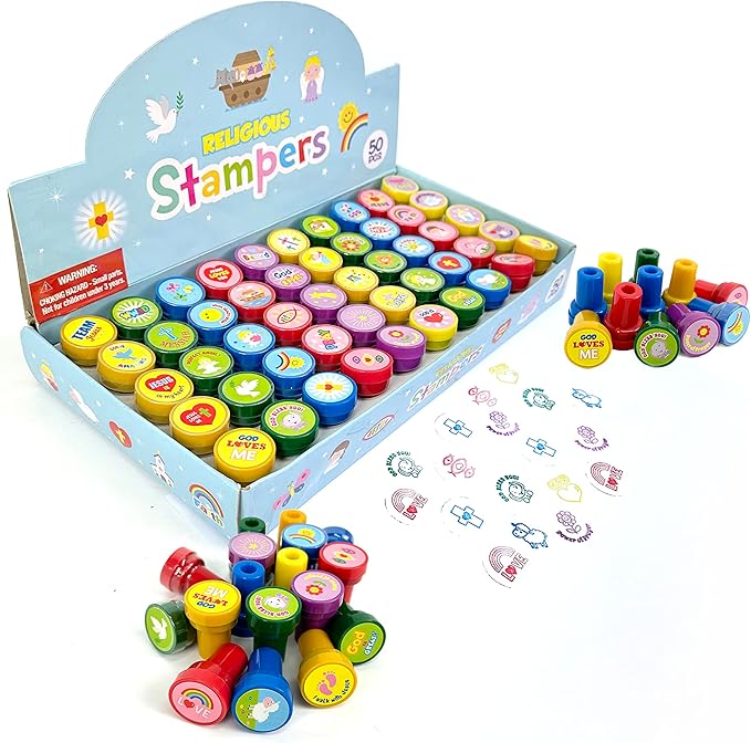 TINYMILLS 50 Pcs Religious Stampers for Kids – Assorted Christian Self Inking Stamps, Religious Prizes, Carnival Prizes, Vacation Bible School VBS, Sunday School & Church Event Giveaways