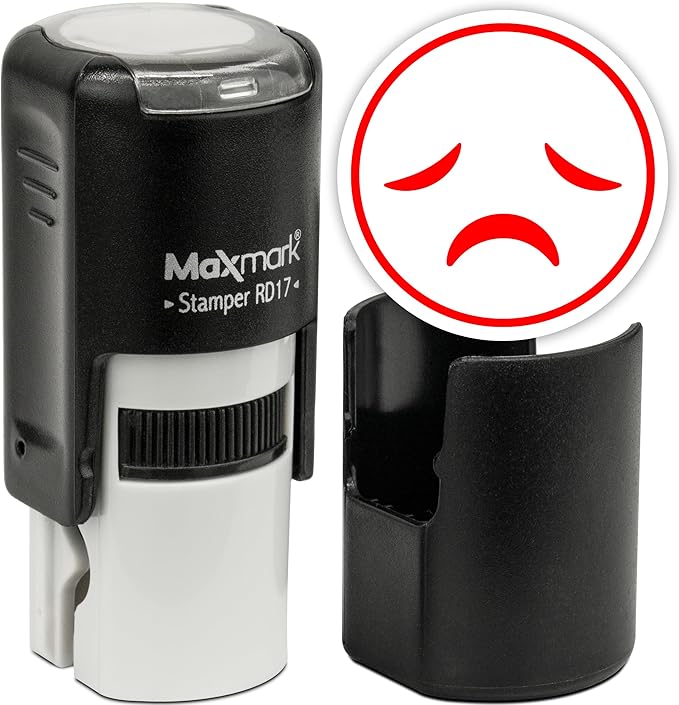 MaxMark Round Self Inking Emoji Stamp - Sad - Red Ink