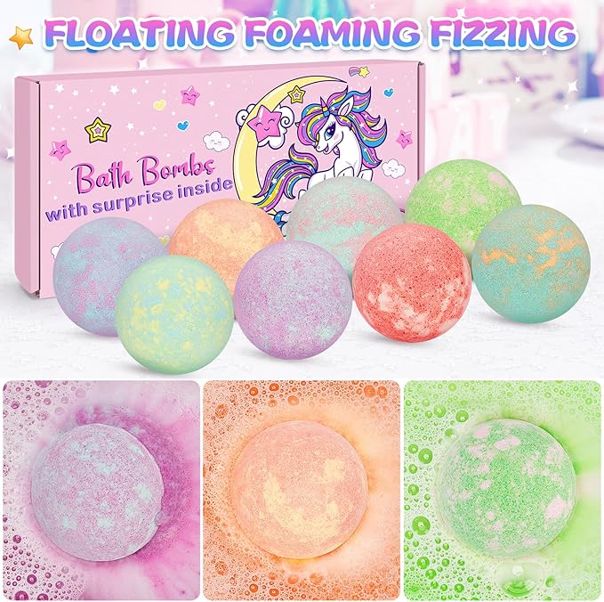 Unicorn Bath Bombs for Kids Girls with Surprise Inside, 8 Pcs Natural Fizzy Princess Bubble Bath Bomb Kit with Toys, Birthday Gift for 3 4 5 6 Year Old Girl